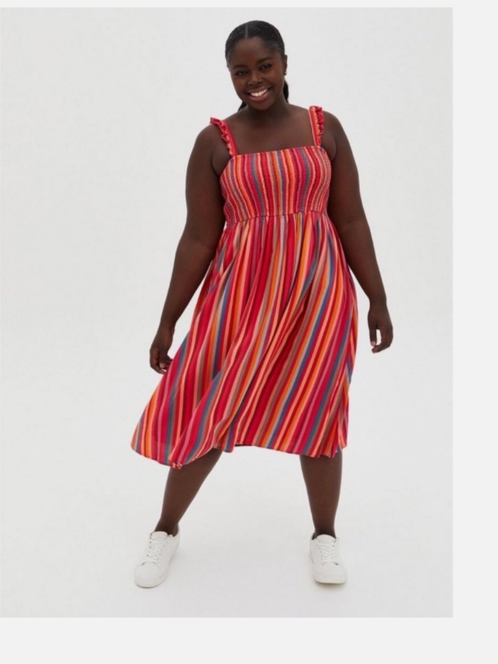 Striped Pink Midi Challis Smocked Tiered Lined Dress Summer